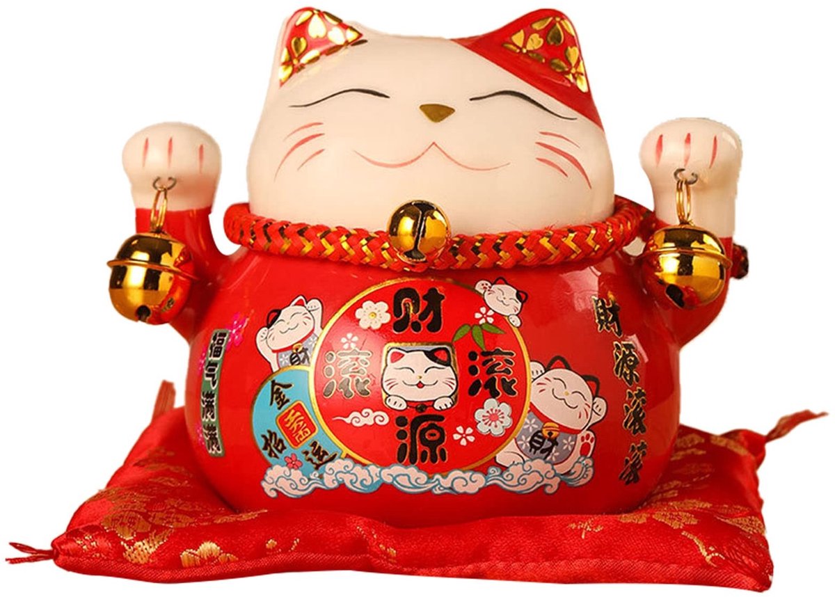 Allecto - Lucky Cat Beeld - Decoratief beeld voor Welvaart en Geluk - 11,4 cm - Waving Kat - Keramisch materiaal - Geschikt voor thuis - Rood