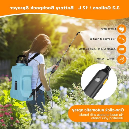 Draadloze elektrische drukspuit van 12 liter met hoge drukpomp, oplaadbare batterij, 4 spuitmonden en telescopische steel voor planten, onkruidbestrijding en irrigatie — afbeelding 4
