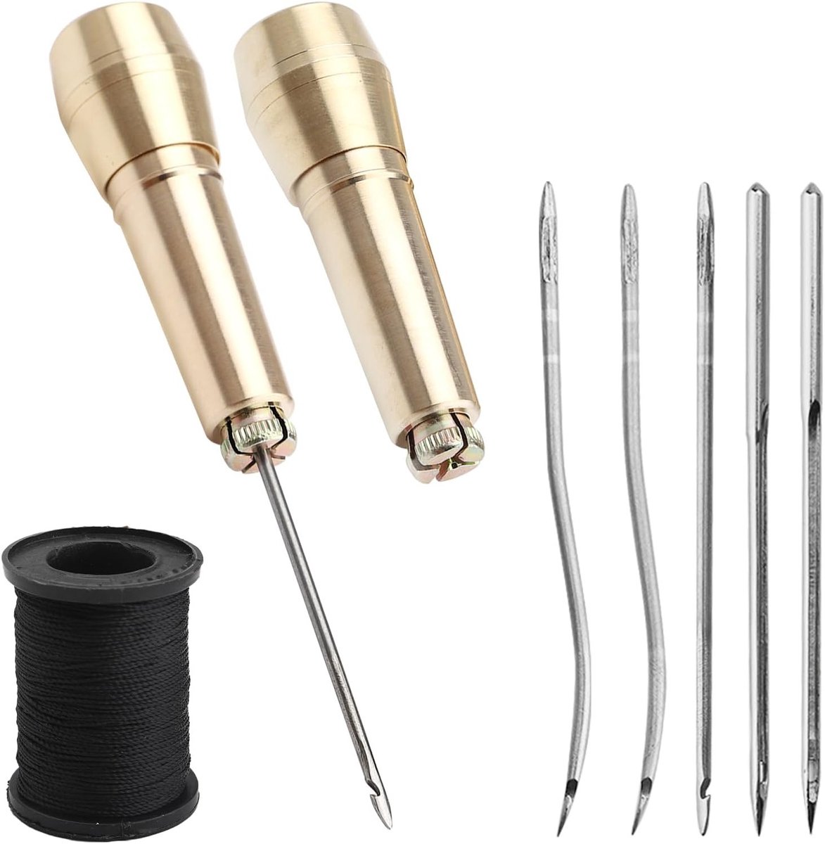 Set van 2 leren naalden en naaikit met koperen handvat, naaihaak en gereedschap voor schoenenreparatie, inclusief rechte en gebogen naalden, gaatjesplaten en 50 meter draad
