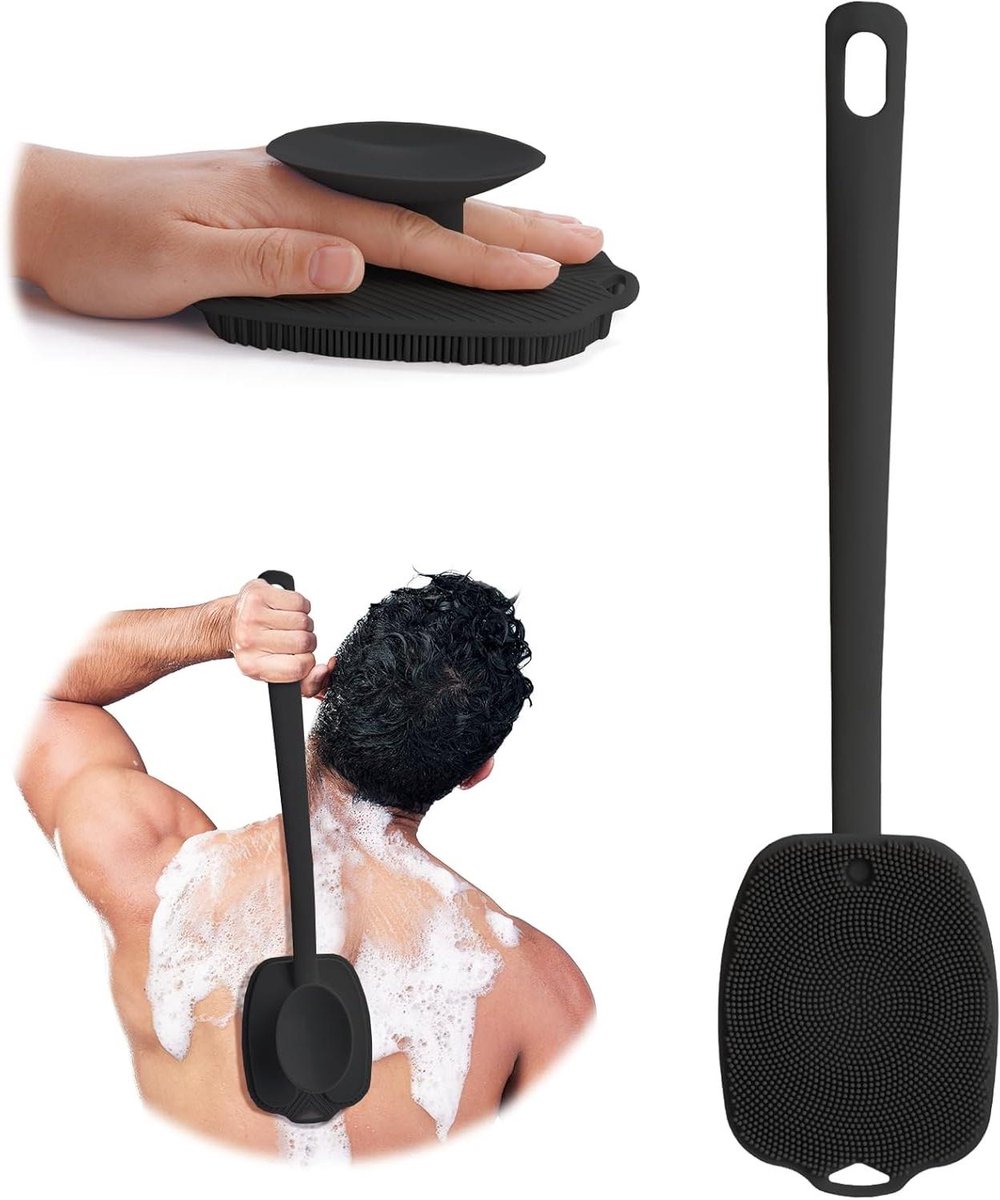 Siliconen rugschrobber - Douche borstel - Huid reiniging - Afneembaar ontwerp - 42.7 cm - Zwart