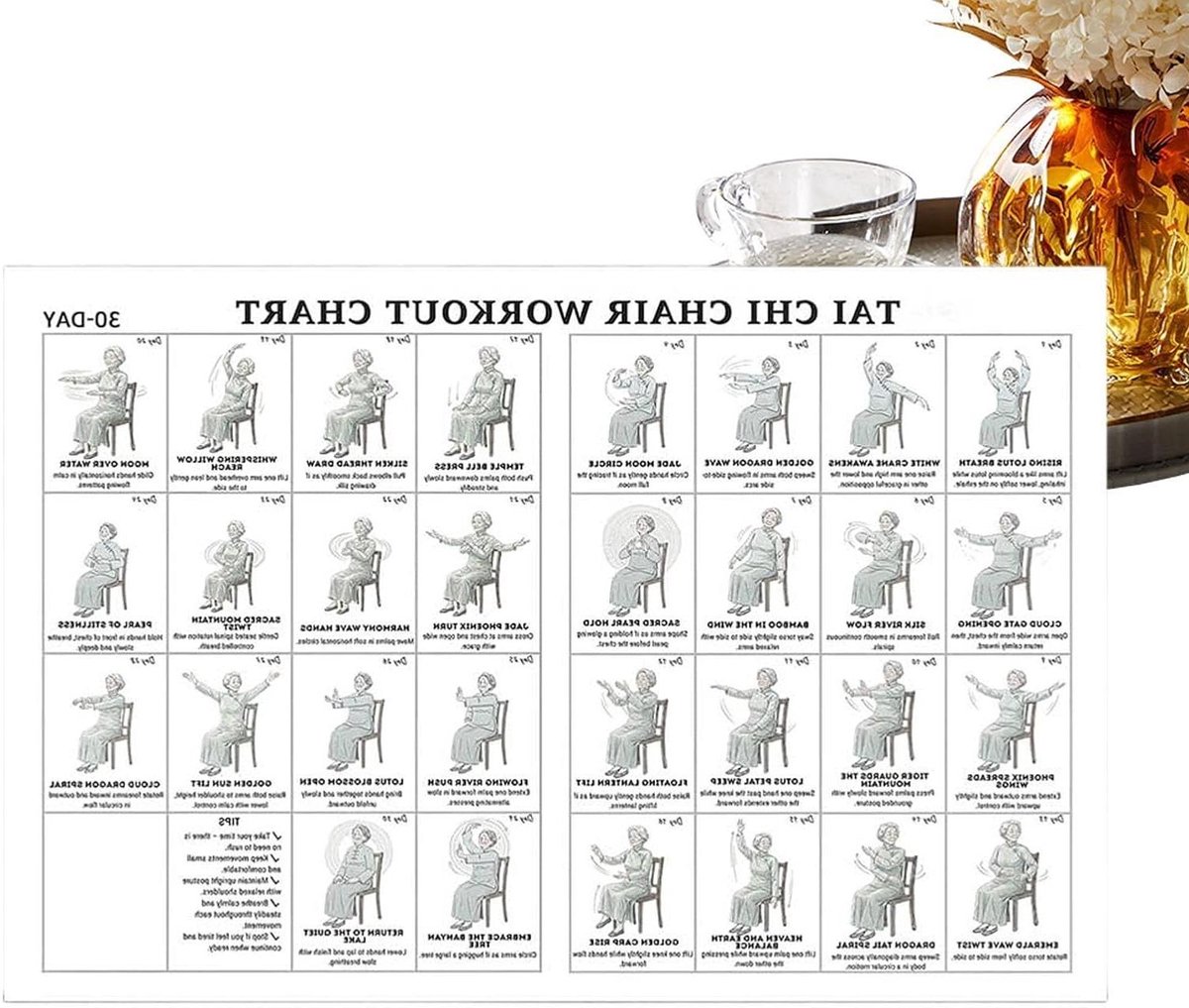 Stoel Workout Chart - Fitness Poster - Mobiliteit Verbeteren - Geïllustreerde Gids - 30 x 45 cm - Vrouwelijke versie