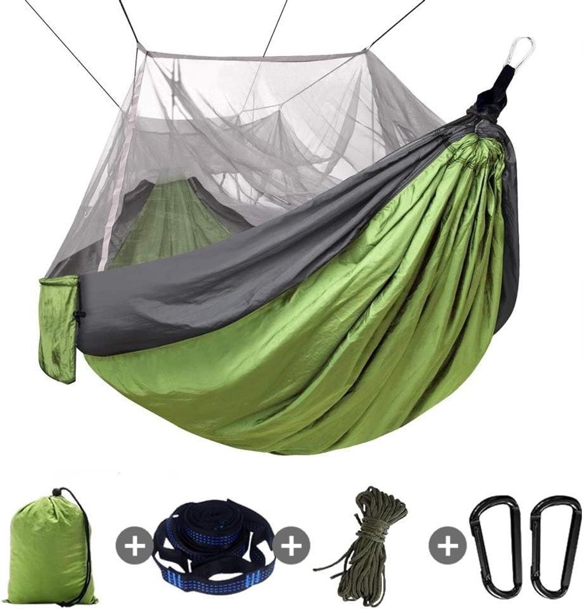 Dubbele Hangmat - Kampeerhangmat Klamboe - Buiten Ontspannen - Lichtgewicht Nylon - Inclusief Riemen - Groen