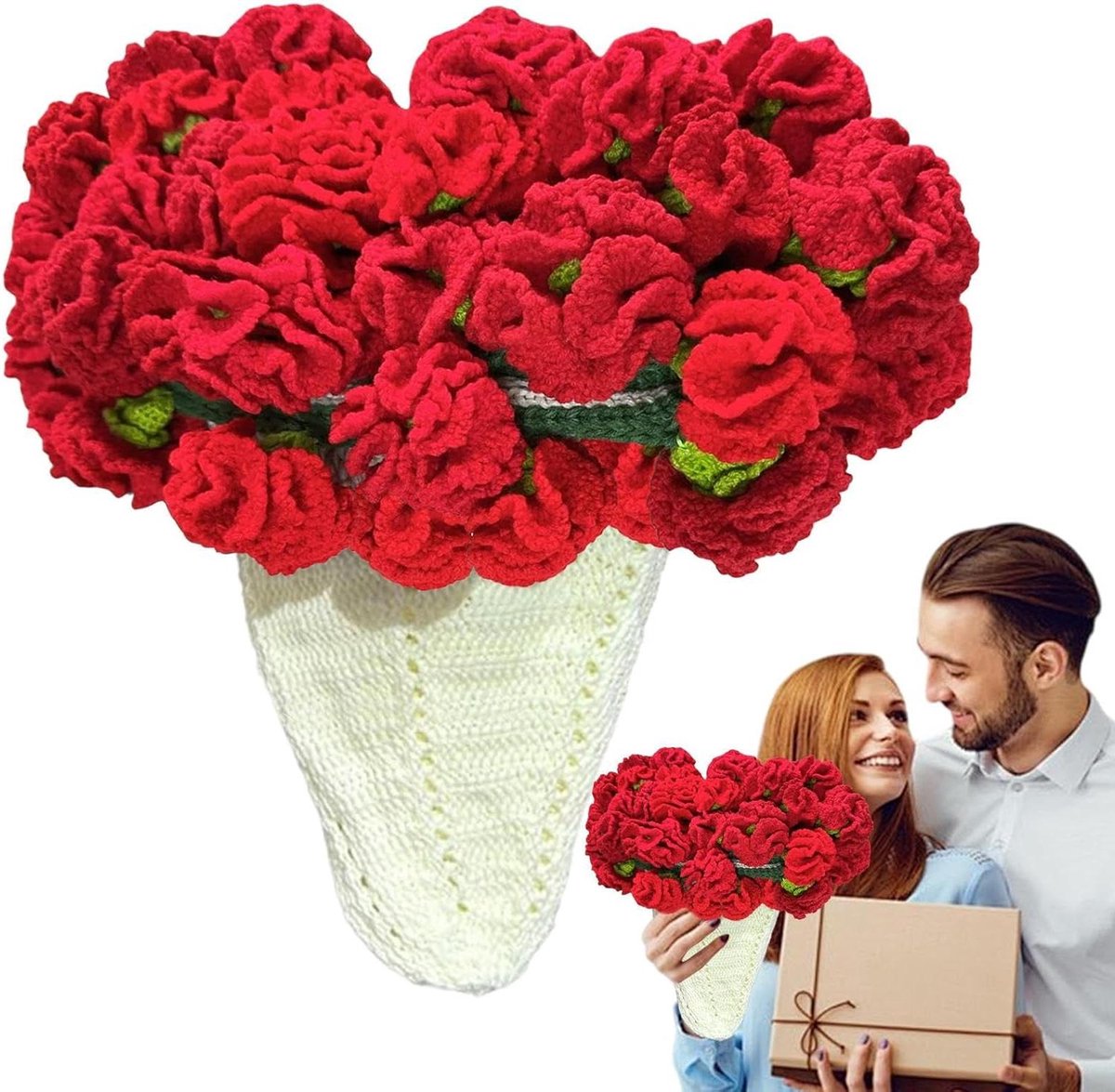 Boeket Deken - Anjer Haakwerk - Bank Decoratie - 3D Bloemen Design - 110 cm Diameter - Rood