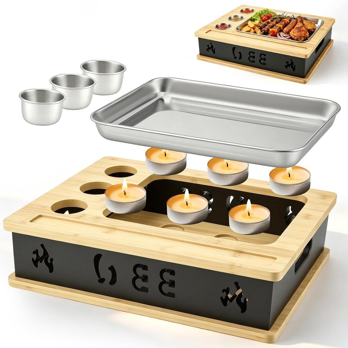 BBQ warmhoudplaat - Voedselverwarmer - Gerechten warm houden - Met kruidenschaal - 39x31x11 cm - Houtkleur