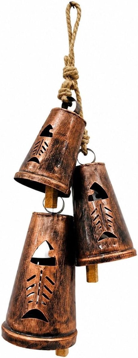 Koperen Klokjes Set - Decoratieve Bellen - Tuindecoratie Ophangen - Rustieke Handgemaakte Stijl - 20 cm Hoog - Koperkleurig