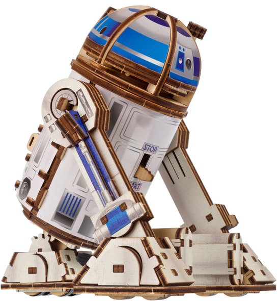 Houten R2-D2 model met de tekst 'STOP' en 'START'. De robot is wit met blauwe details.
