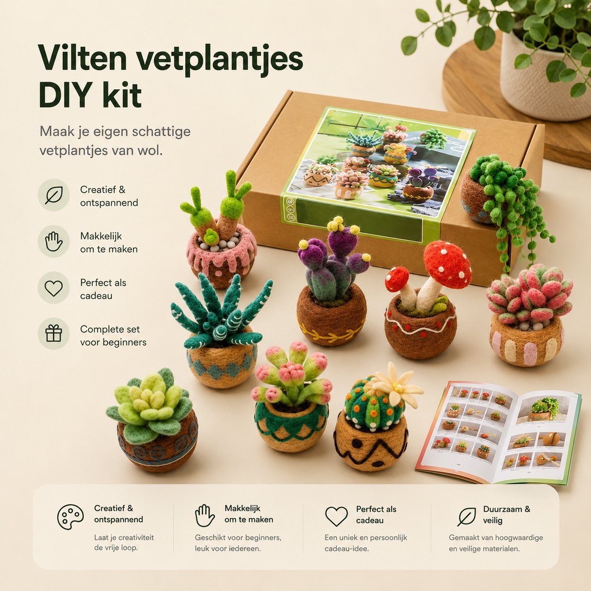 BOTC Naaldvilten - Starterset - Needle felting - Instructie inbegrepen - Gekaarde wol - Viltnaalden - Vetplanten — afbeelding 9