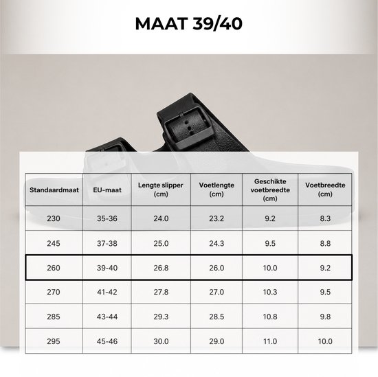 Maattabel voor zwarte slippers met gespen.
