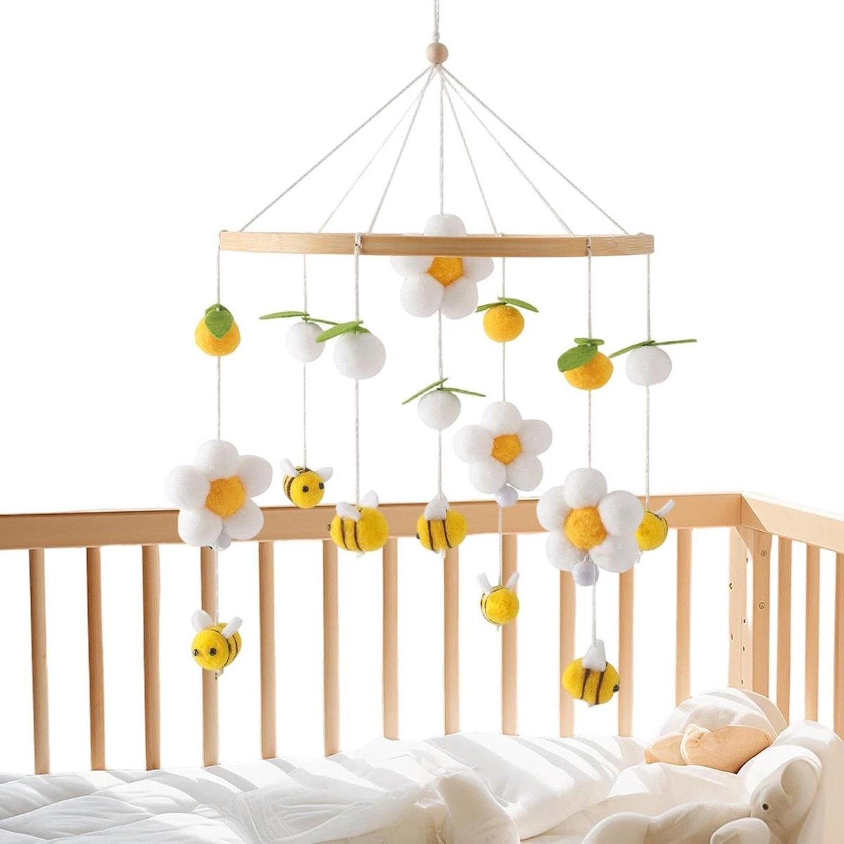 Babykamer Mobiel - Wieg Decoratie - Kamertje Aankleden - Met Houten Bijen - 25 x 233 cm - Geel