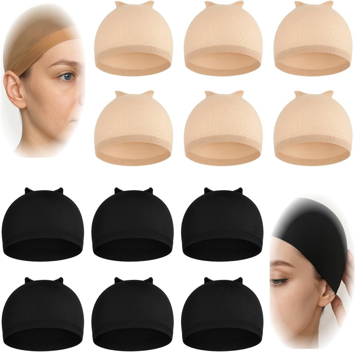 12 Stuks Ademend en Rekbaar Haarnet voor Pruik, Beschermende Caps voor Haarstijl en Hoofdhuid, 6 beige en 6 Zwarte Varianten