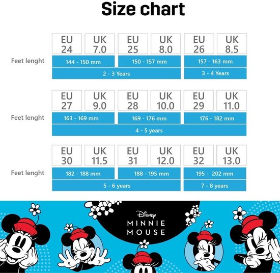 Maattabel voor kinderschoenen, met EU- en UK-maten en voetlengtes.