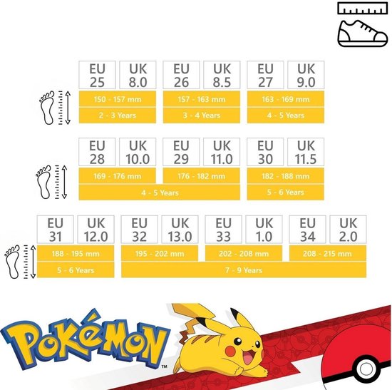 Maattabel met maten in EU, UK, voetlengte en leeftijd, met Pokémon logo