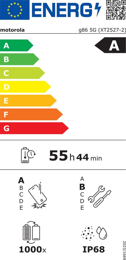 Energielabel A voor motorola g86 5G (XT2527-2). Batterijduur 55 uur 44 minuten.