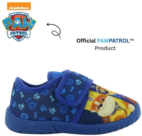 Officiële Paw Patrol pantoffel, blauw met pootjes en botjes patroon. Met Marshall en Chase op de neus.
