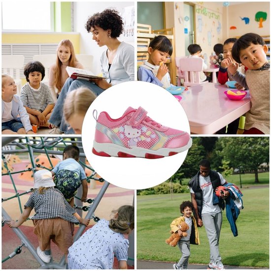 Collage van kinderen in verschillende activiteiten, met in het midden een roze Hello Kitty sneaker.