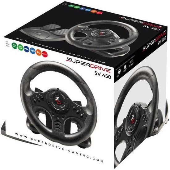 Doos met een zwart race stuurwiel en pedalen, merk SuperDrive SV 450, compatibel met PC, PS3, PS4, Switch.