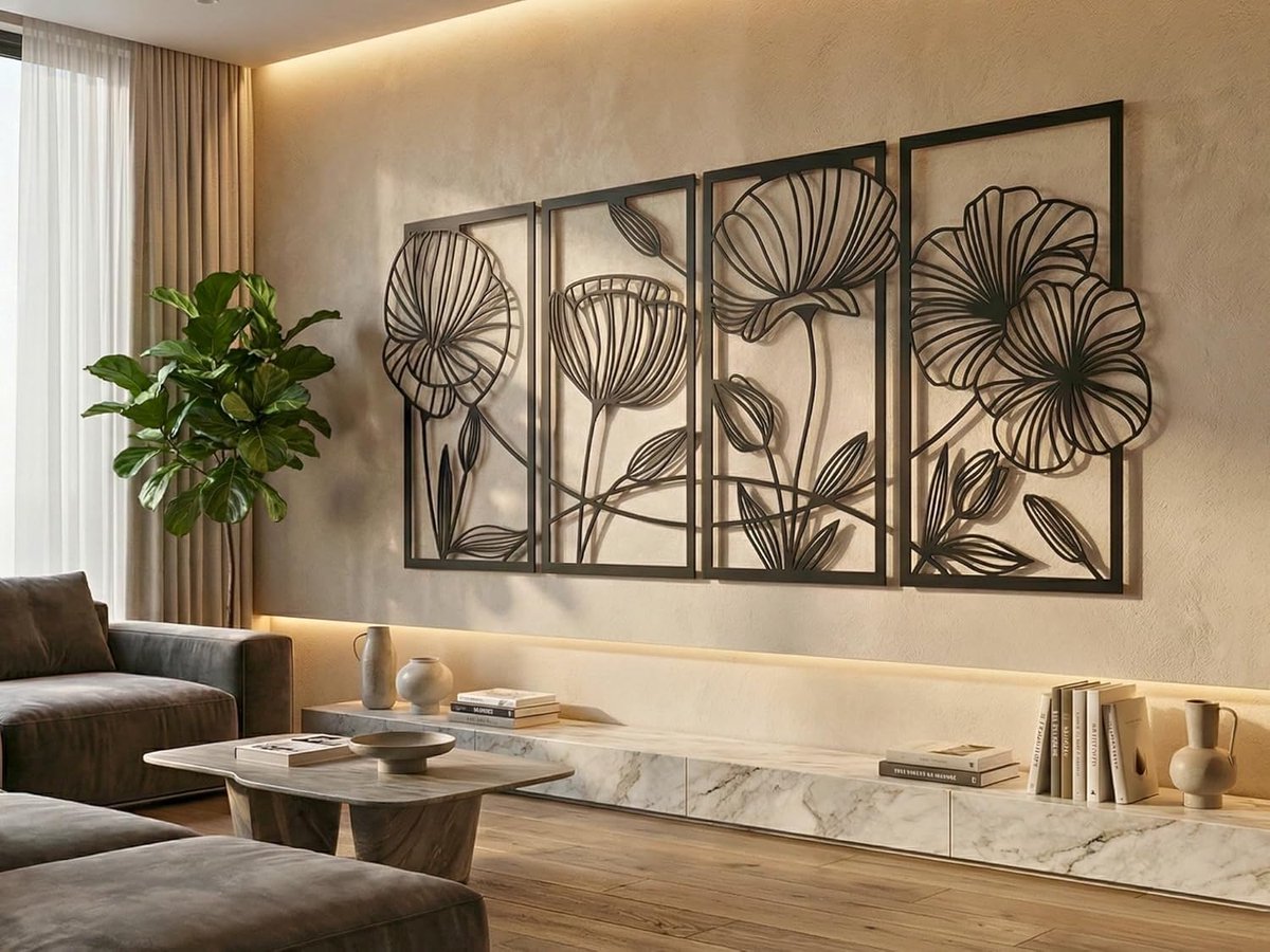 Wanddecoratie Bloemen, Houten Wandbeeld, 3D Wanddecoratie voor Thuis, Moderne Beelden voor Huis Kantoor Slaapkamer, Woonkamer en Keuken - 161x60 cm