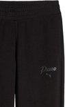 Detail van een zwarte Puma joggingbroek met reliëf logo en elastische tailleband.