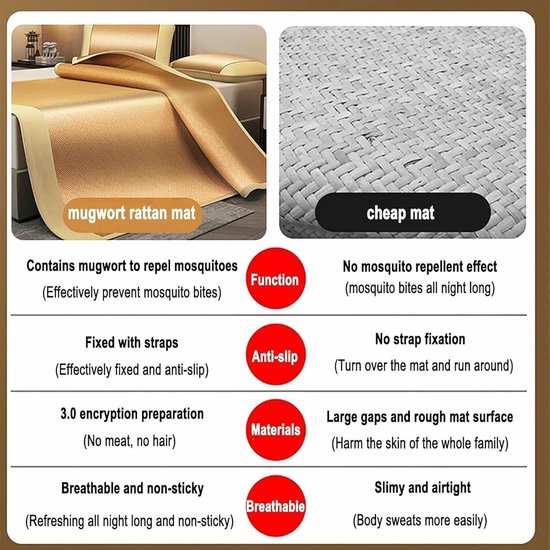 Opvouwbare koelmat - Bamboe rotan mat - Zomer comfort - Dubbelzijdig ontwerp - 90x195 cm - Niet gespecificeerd — afbeelding 4