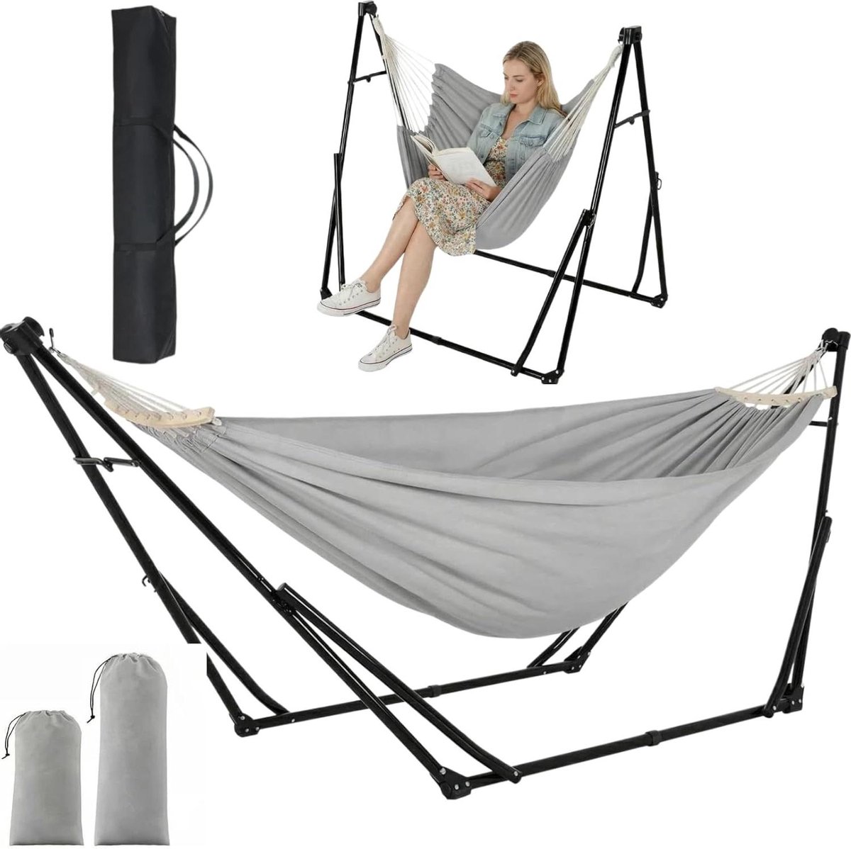 Hangmat met frame - Opvouwbaar relaxen - Buiten ontspannen - Dubbele gebruiksmogelijkheden - Tot 200 kg - Grijs