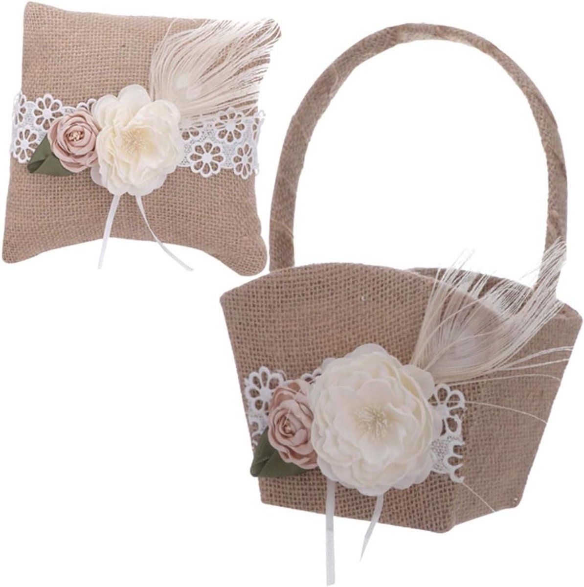 Bruidsbloemenmand Trouwringkussen - Vintage Decoratie - Bruiloft Versieren - Ruw Linnen Stijl - 14x10x23cm - Koffie