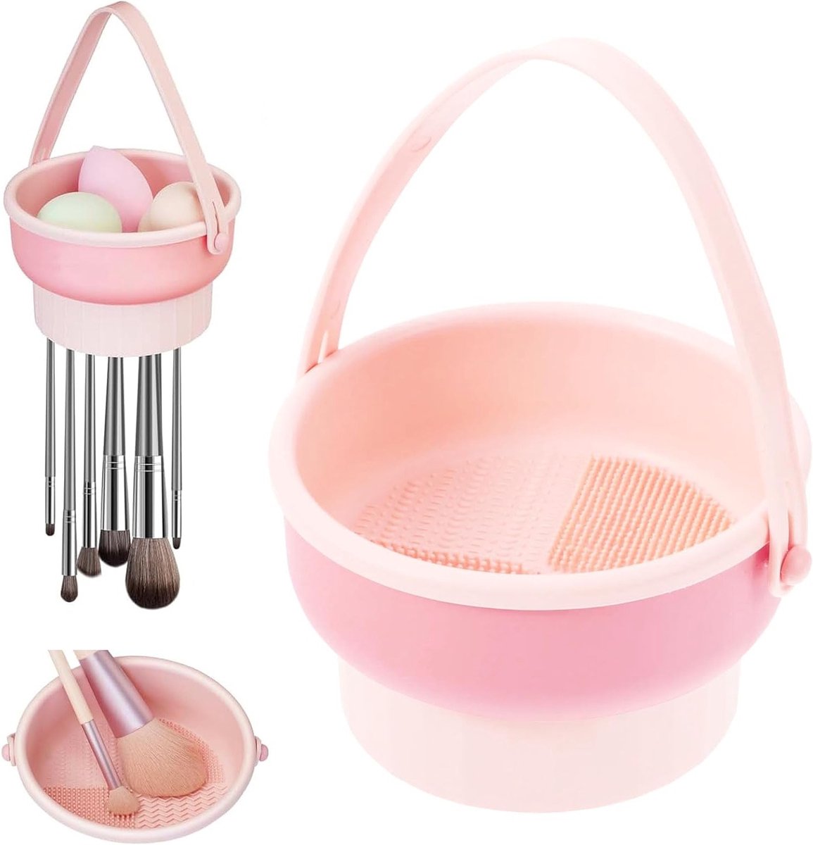 Multifunctionele 3-in-1 Siliconen Borstelhouder en Reinigingsmat voor Make-up, Spons en Poederkwasten in Roze