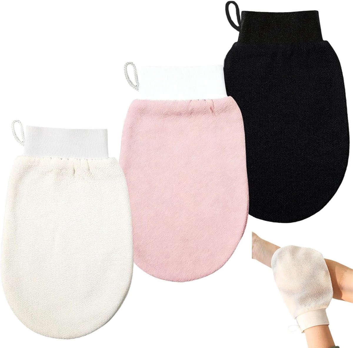 Set van 3 Exfoliërende Handschoenen voor Lichaam en Gezicht, Peeling en Huidvernieuwing, Ideaal voor Hammam en Scrubbehandelingen
