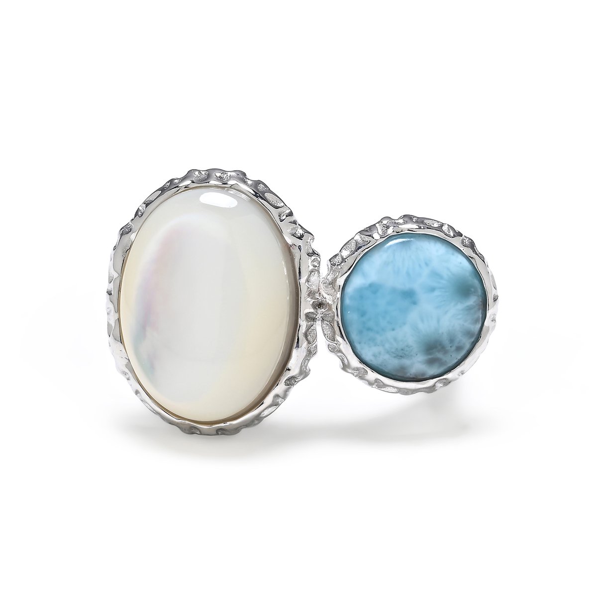 Cavill - 925 Sterling Zilver Ring - Gerhodineerd - Ovale Blauwe Larimar 2 68 ct - Parelmoer 15 5x11 5 mm - Elegant Dames Sieraad