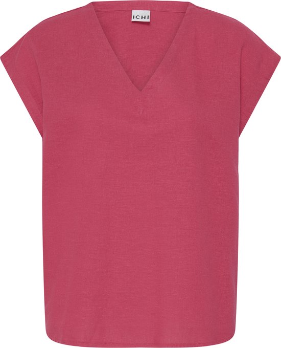 Blouse ICHI fuchsia à col en V et manches courtes.
