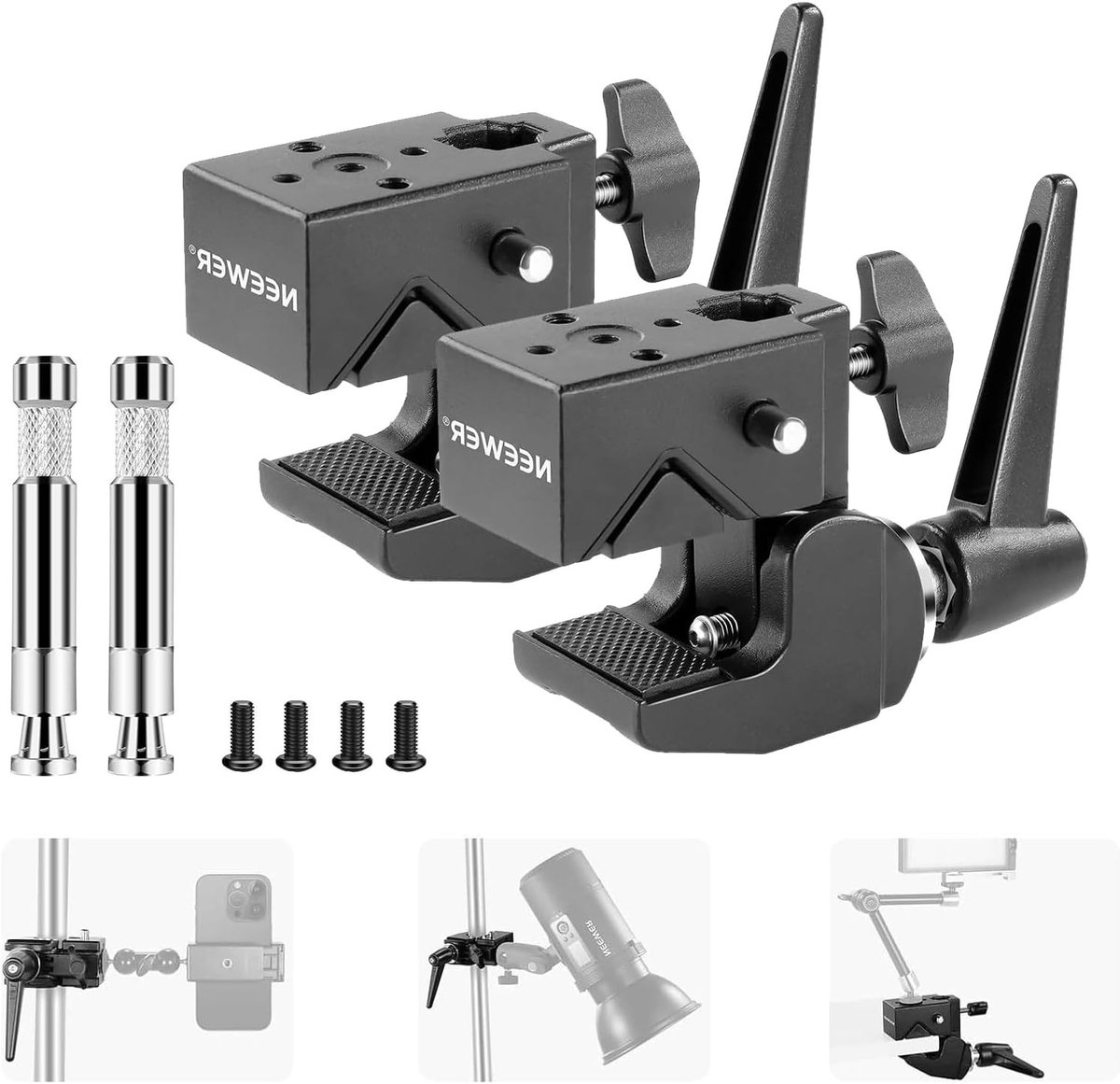 2 Stuks Super Clamp met 5/8 Inch Stud, Veerlock, 6cm Grip voor Fotografie, Verlichting en Camera Bevestiging, Maximaal 15kg Draagvermogen