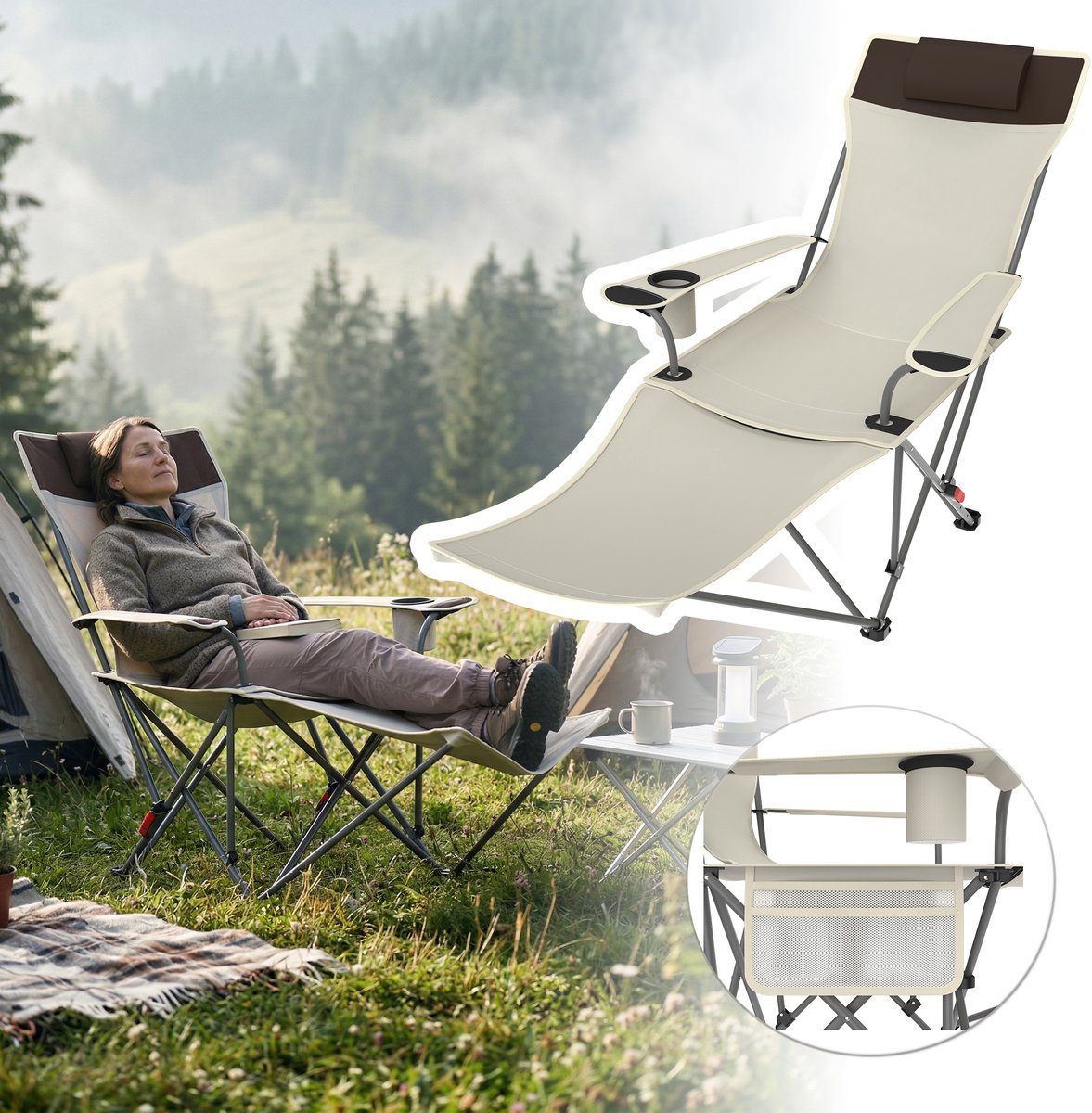 Froadp Opvouwbare ligstoel voor buiten, crème, stevig stalen buizenframe, verstelbare rugleuning voor in de tuin, op de camping, op het balkon en meer