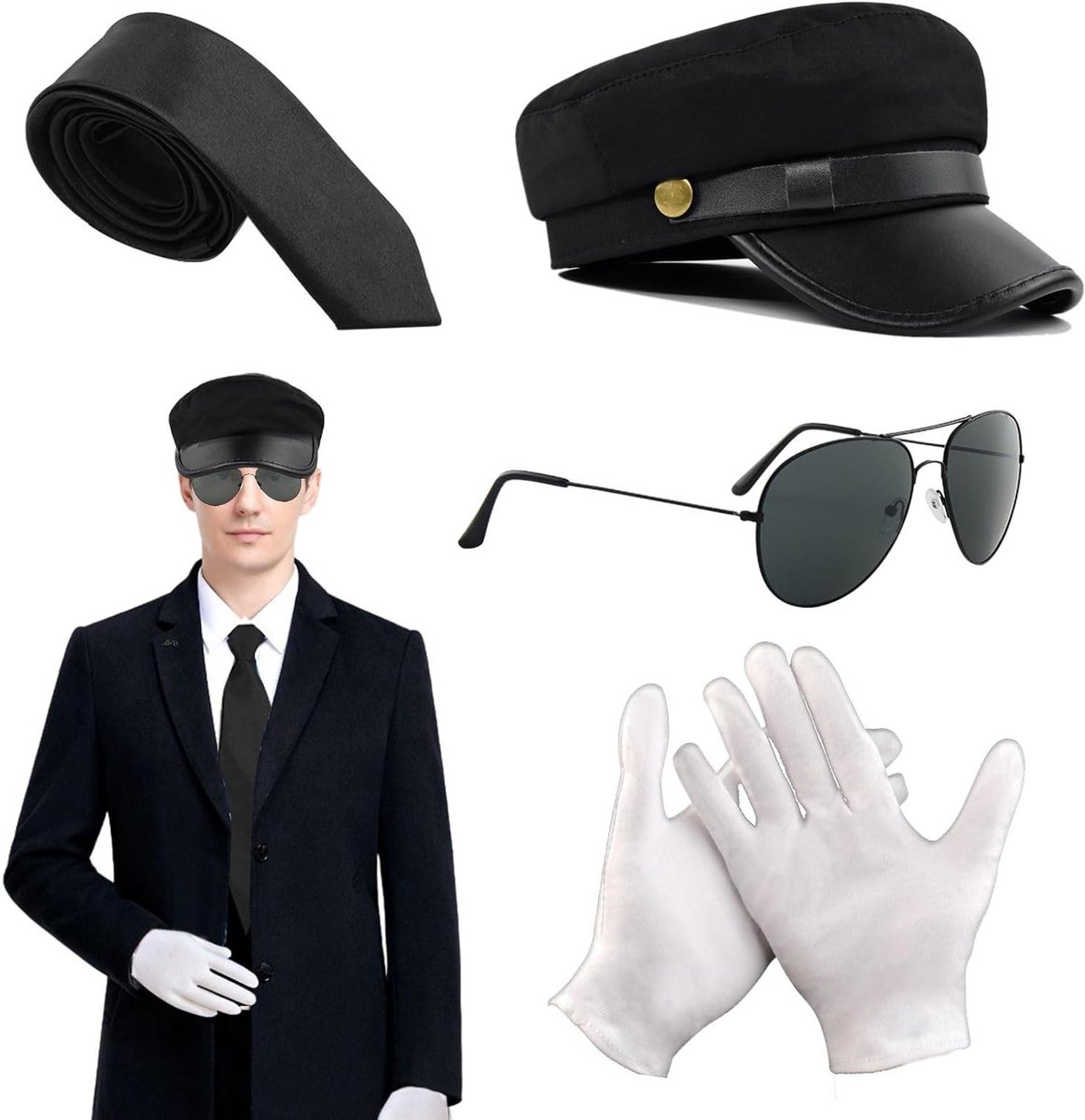 4 Stuks Bestuurders Kostuum Accessoires voor Volwassenen - Zwarte Hoed, Zonnebril, Stropdas en Handschoenen voor 80s Limo Taxi Driver Cosplay en Feestkleding