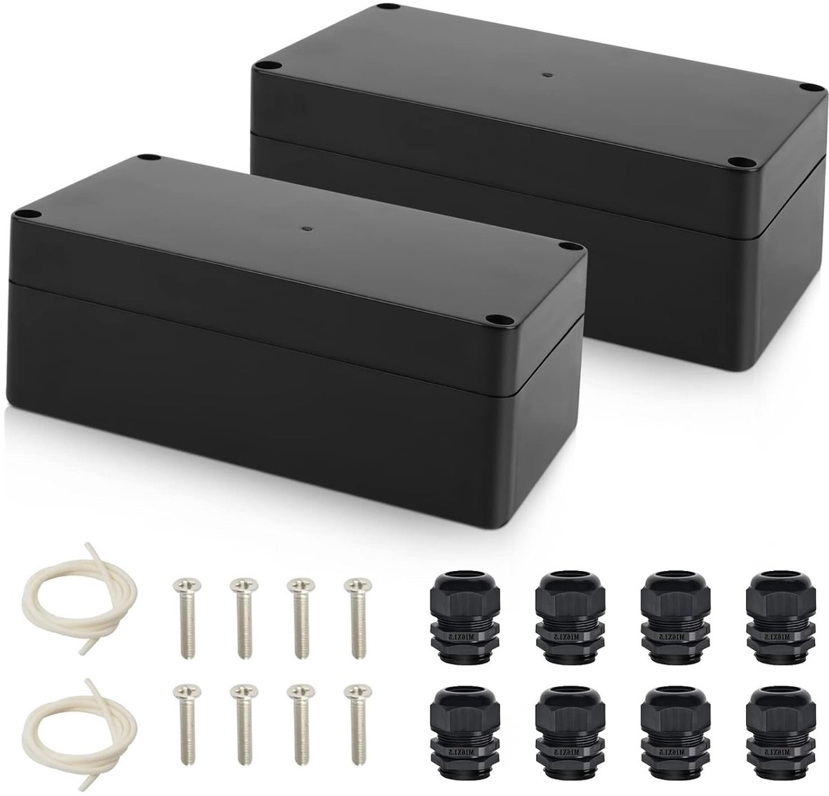 Set van 2 grote elektrische projectdozen, opbouw, IP65 waterdicht, 158 x 90 x 60 mm, ABS kunststof, zwarte behuizing, aansluitdoos voor elektronica en bedrading
