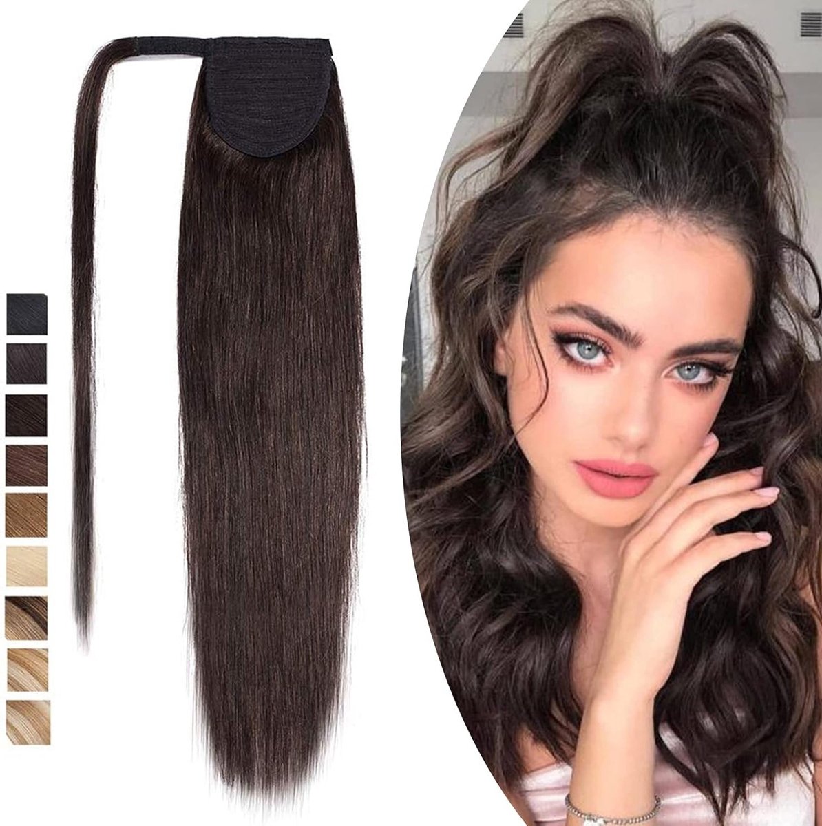 Ponytail Haarstuk Echthaar Zopf Extensions voor Haarverlenging, Clip-in Donkerbruin 16 inch (80g) met Remy Kwaliteit