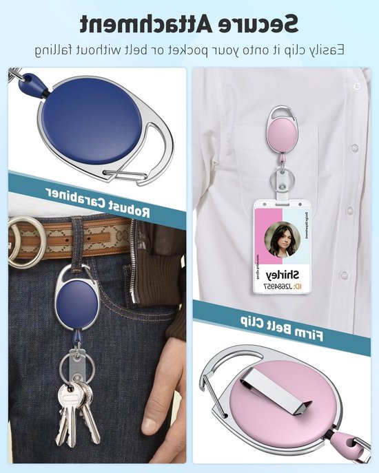 Set van 3 Uittrekbare Badge Reel voor Badgehouder in Roze, Blauw en Zwart - Stevige Sleutelhanger met RVS Veer, 24 Inch Nylon Touw en Carabiner Clip voor Professioneel Gebruik van Merkloos — afbeelding 3