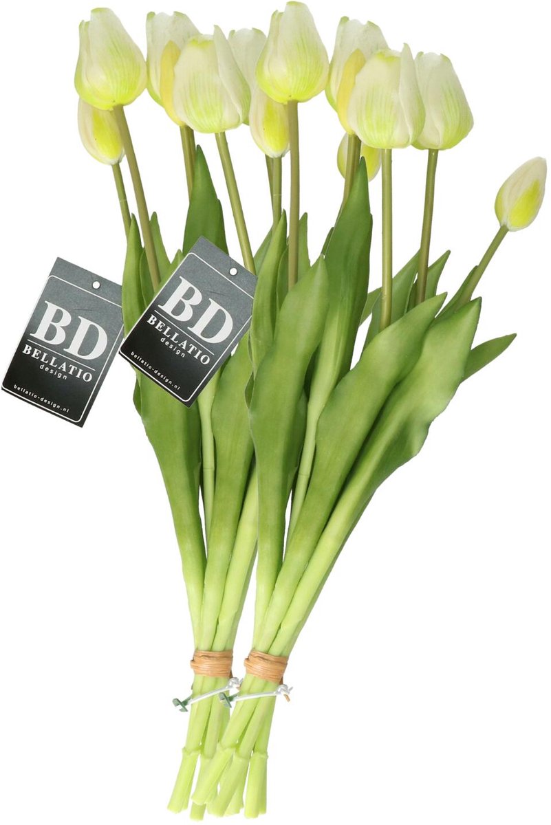 Bellatio Design Kunst tulpen boeket Sally - 14x stuks - creme - real touch - 47 cm