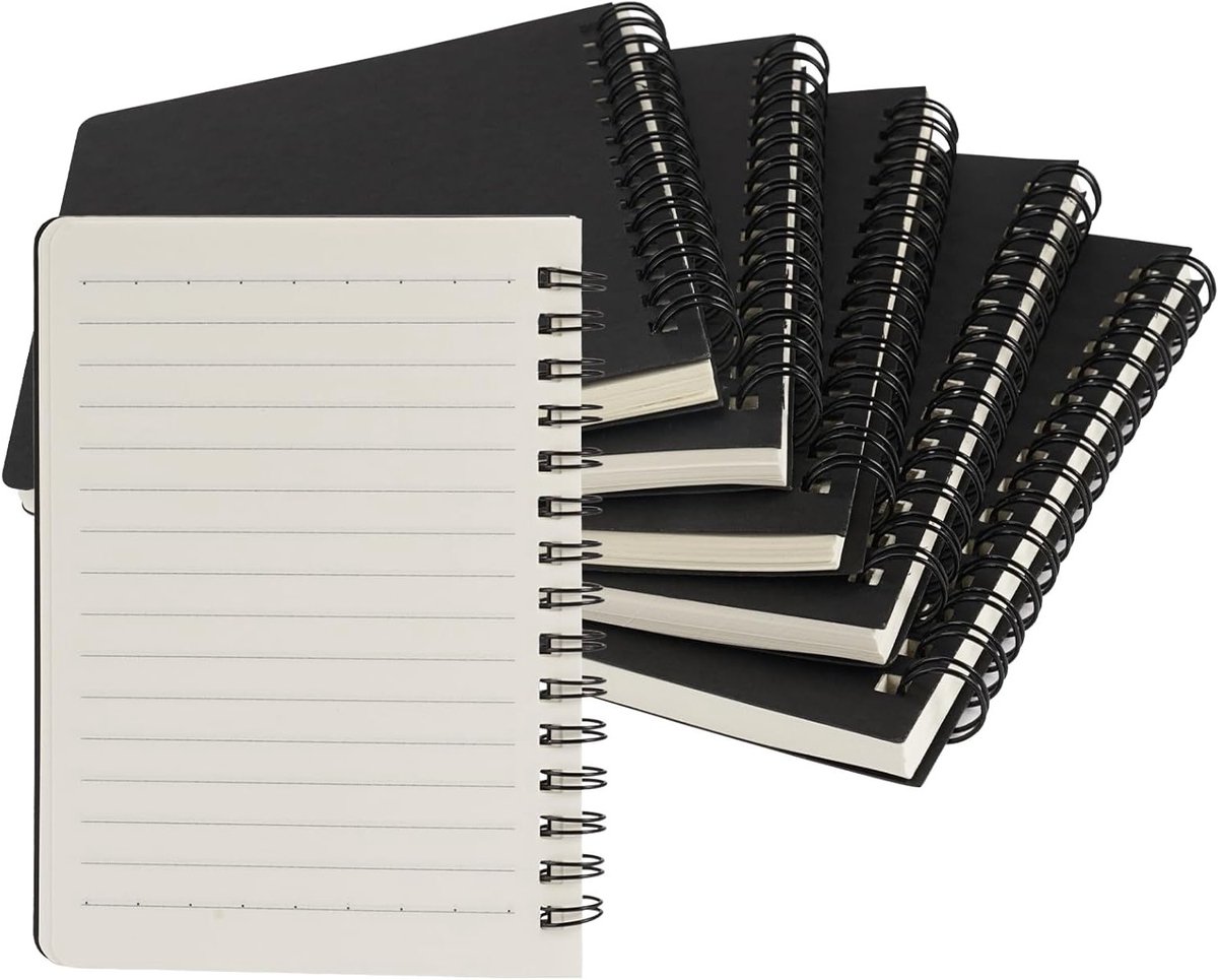 Set van 6 A6 Spiral Notitieblokken met Lijnen, Compacte Notitieboekjes voor School en Kantoor, Zwart Leer met Spiral Binding
