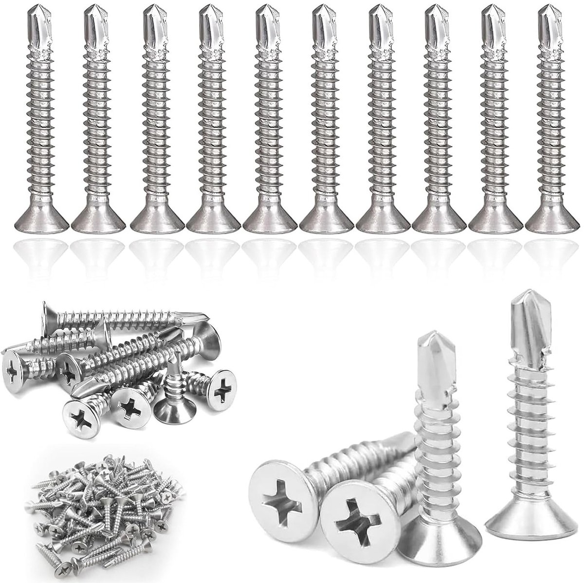 Set van 150 zelfborende schroeven M4.2 x 32 mm, roestvrij staal, verzonken kop, geschikt voor metaal en hout