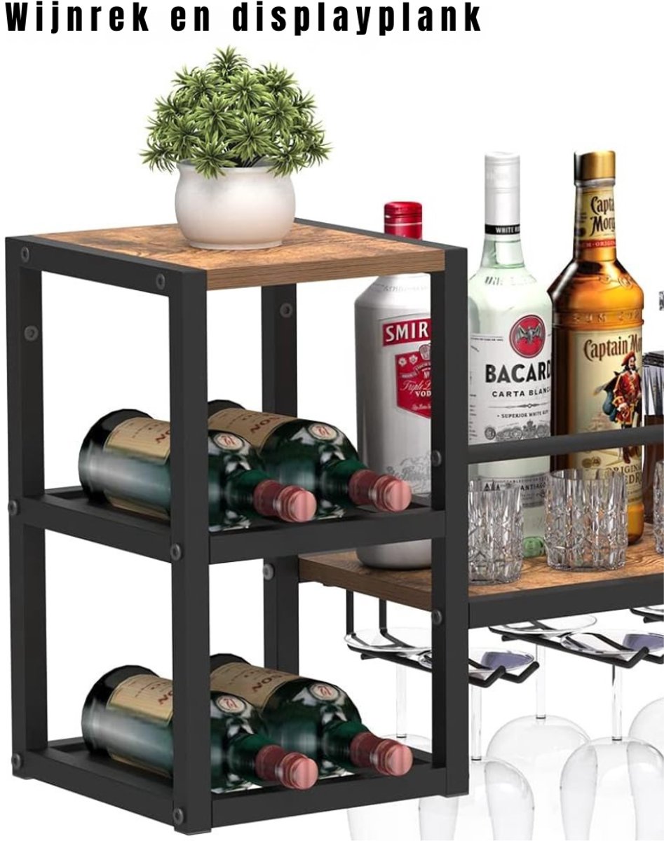 RUX® Wijnrek Muur - Wijnrek - Wijnrek Ophangbaar - Wijndisplay - met Wijnglasrailsen- Veelkleurig- 25cm x 88cm x 40cm