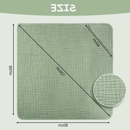 Zachte en Super Absorberende Baby Badcape met Kap, 80x80 cm, Crepe Katoen, Unisex, Ideaal voor Kinderen en Baby's in Bubble Sand Groen — afbeelding 2