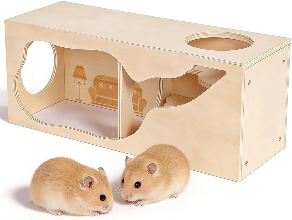 Meerkamer hamsterhuis met tunnel en verstopplaats – houten kooi accessoires voor dwerghamsters, Syrische hamsters en gerbils, ideaal verkenningsspeelgoed voor knaagdieren