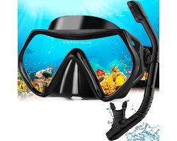 Professionele Snorkelset voor Volwassenen - Anti-Condens Duikmasker met 180° Panoramisch Zicht - Droge Snorkel - Gehard Glas & Siliconen - Geen Lekkage - Voor Snorkelen & Duiken - Zwart