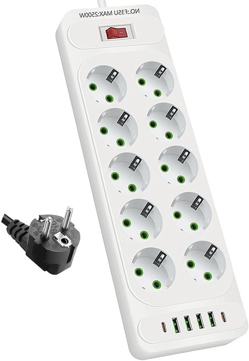 10-voudige Stekkerdoos met USB-C, Overspanningsbeveiliging, Schakelaar, 4 USB en 2 USB-C Poorten, Muurbevestiging voor Smartphones en Tablets