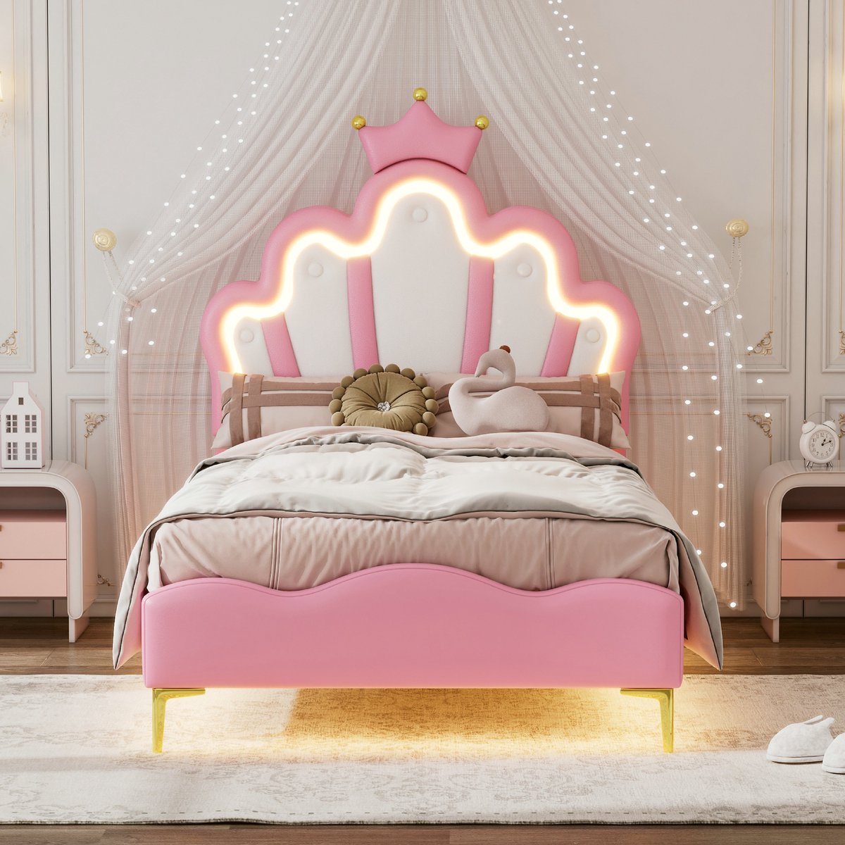 VVBV Eenpersoonsbed 90x200 / Bedframe 90x200 – Kroonvormig Hoofdbord – met LED-Verlichting, Lattenbodem – Roze – PU-Leer