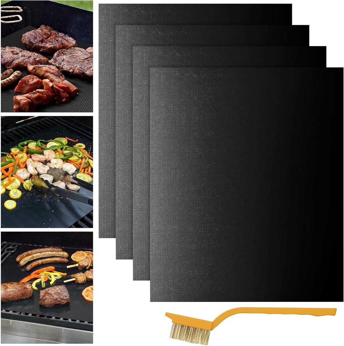 Set van 4 Grillmatten 40 x 32 cm met Borstel, Hittebestendig, Antiaanbaklaag, Herbruikbaar voor Gas, Houtskool en Elektrische Barbecues, Ideaal voor Buitenkeuken Accessoires