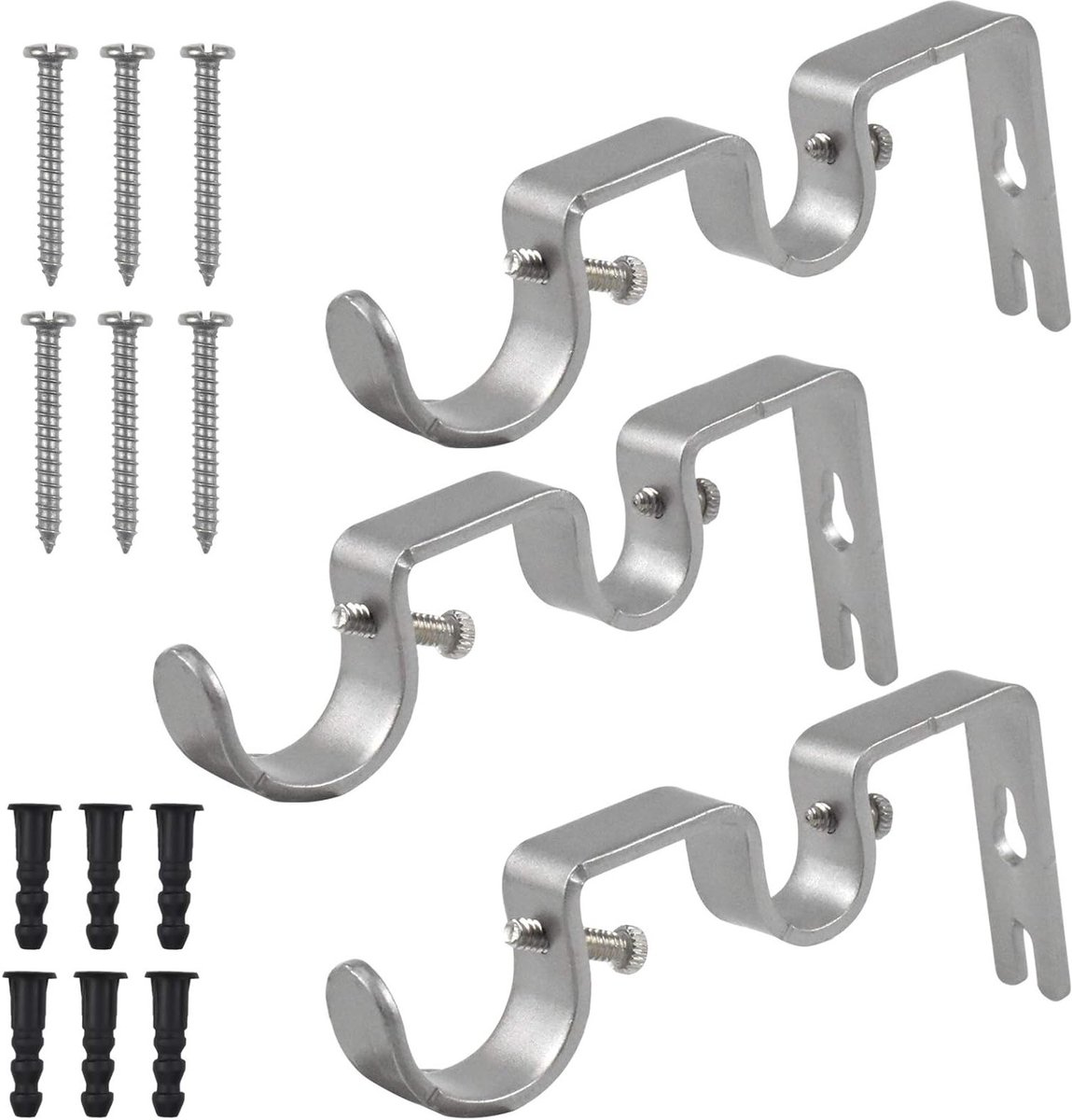 Set van 3 Verstelbare Metalen Gordijnroede Beugels met Schroeven en Booraccessoires - Ideaal voor Raamdecoratie en Gordijninstallatie