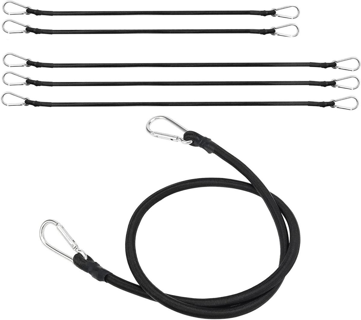 Set van 6 Bungee Cords met Haakjes, 1 m en 1,5 m Lange Luggage Bands, Ideaal voor Transport en Bevestigen van Lasten, Zwart Tension Touw