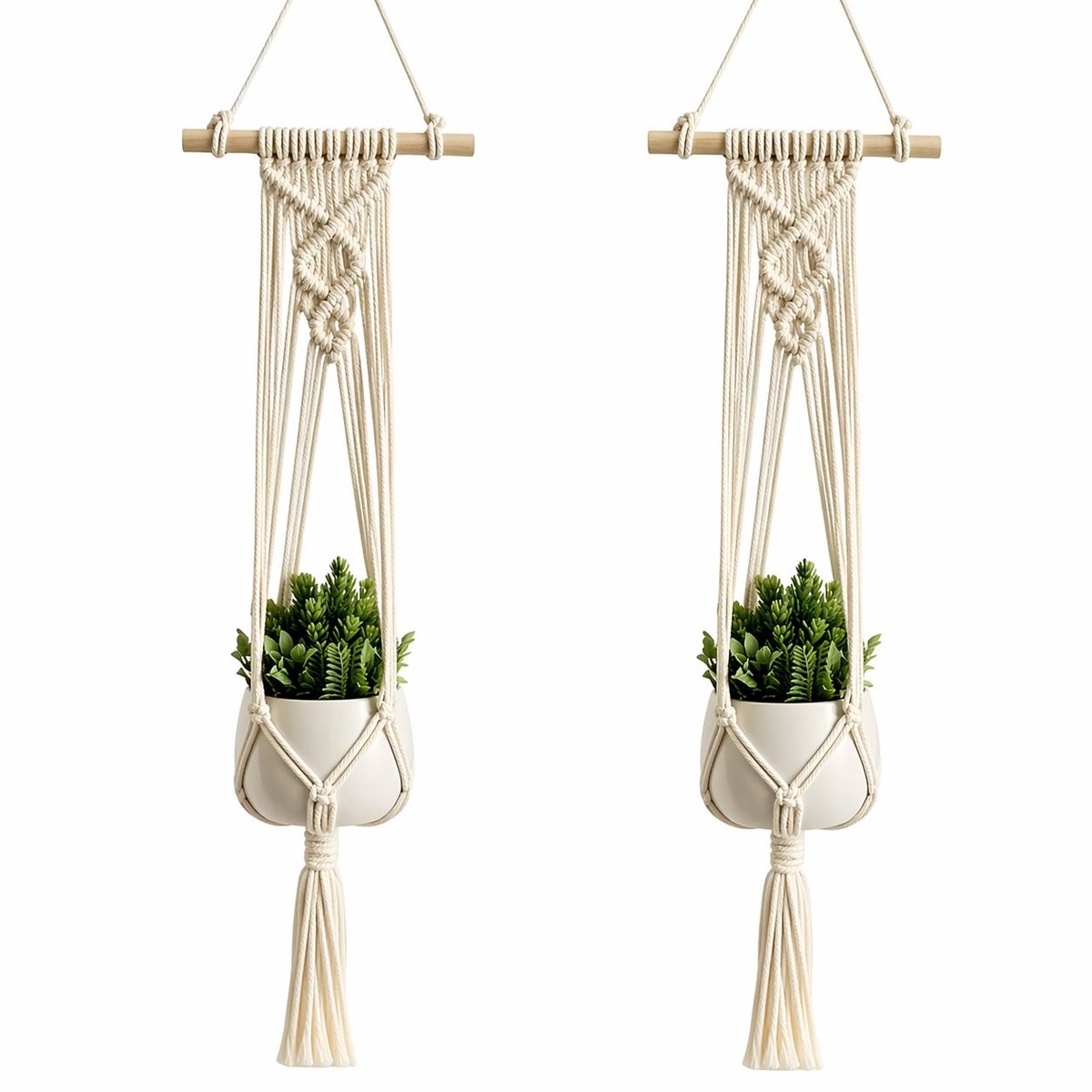 PolkaHome Boheemse Plantenhanger - 2 Stuks - Hangende Macramé Bloempot - Lichtgewicht Hangmand voor Binnen en Buiten - Geschikt voor potten tot Ø 15 cm - Inclusief Houten Stok - 70 cm Lang