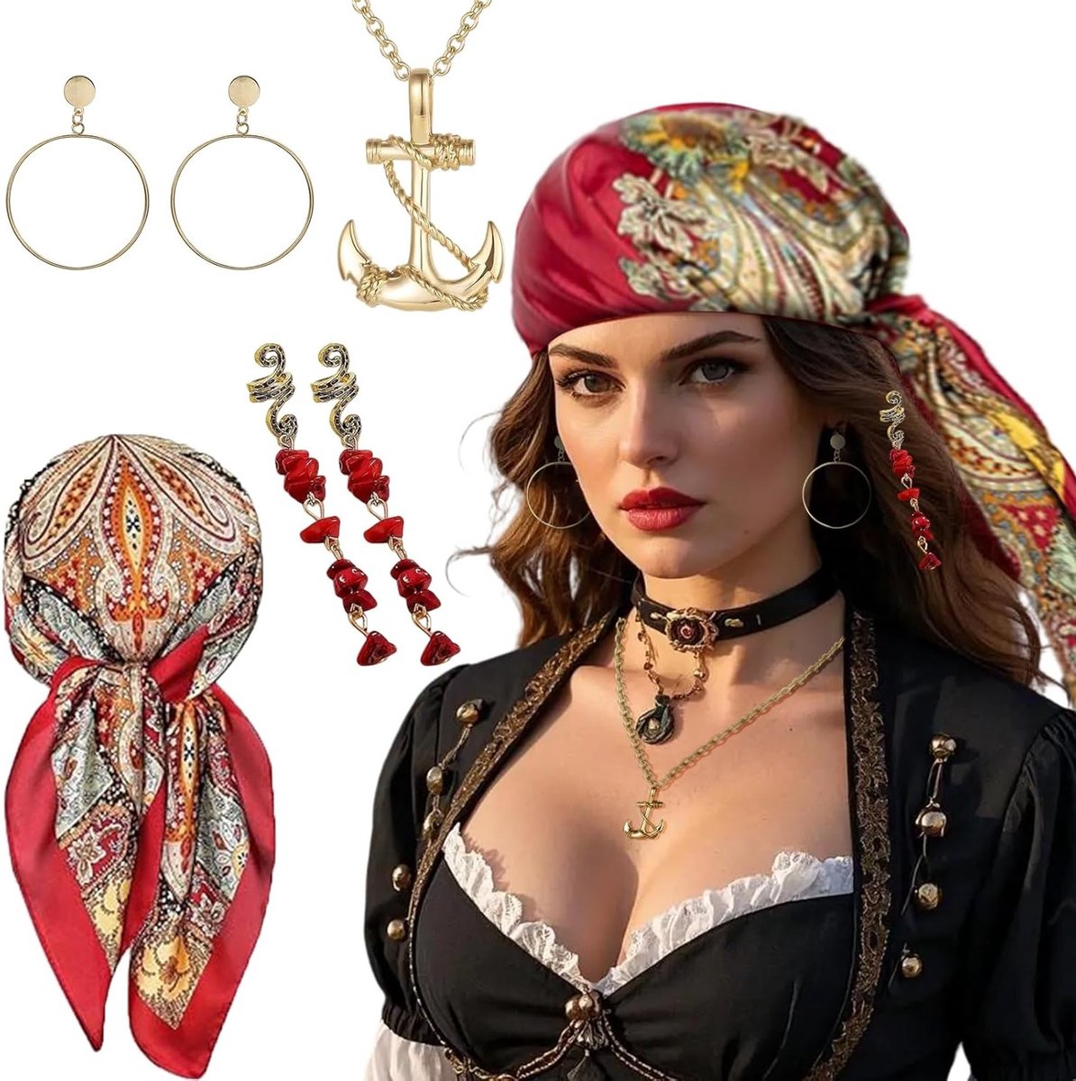 Piratenkostuum Accessoires voor Vrouwen - Middeleeuwse en Renaissance Captain Outfit met Rode Hoofddoek voor Halloween en Carnaval Feestjes