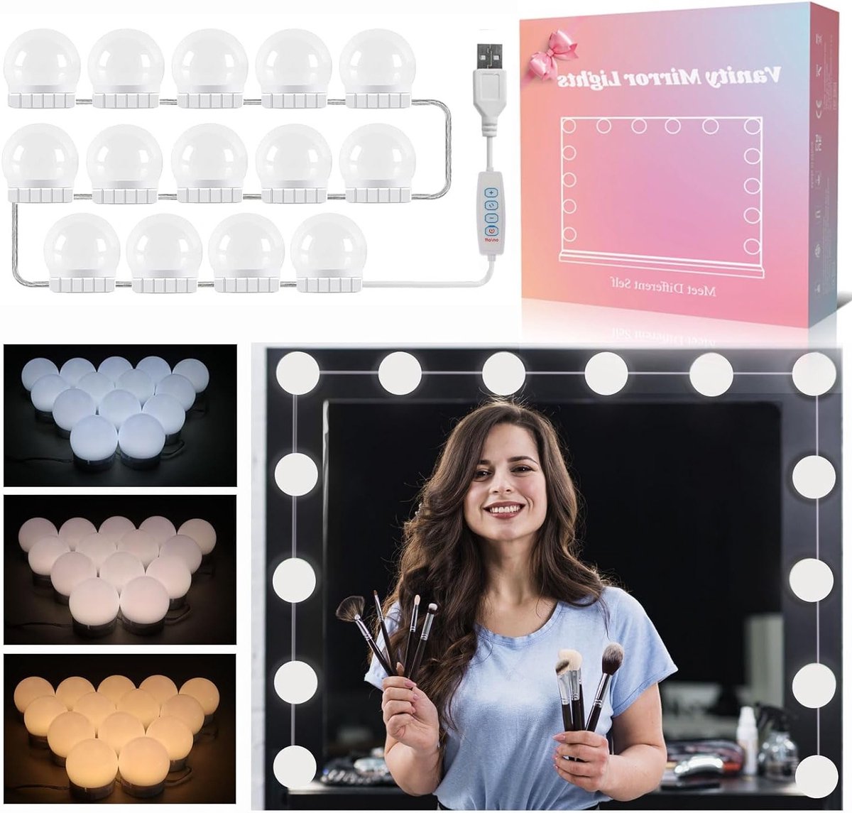 Verlichting Set met 14 LED Lampen voor Make-up Tafel, Dimbare Hollywood Spiegelverlichting, USB Aansluiting, 3 Kleuren en 10 Helderheidsniveaus, Zelfklevende Verlichting voor Sfeervolle Make-upervaring